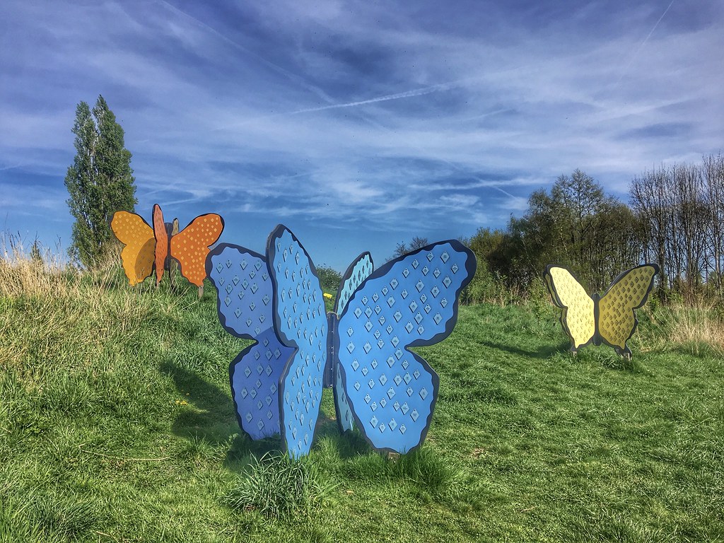 Butterfly sculptures in the birth forest of the Gentbrugse Meersen nature reserve in Gent