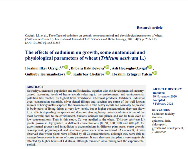 The effects of cadmium on growth, some anatomical and physiological parameters of wheat (Triticum aestivum L.)