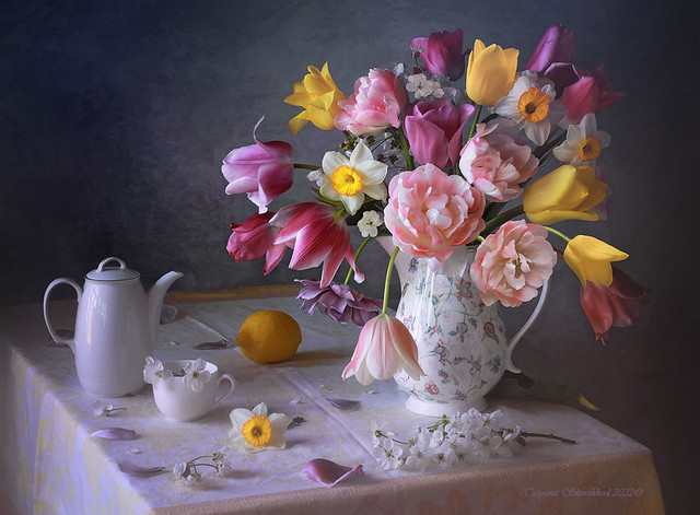 Spring still life with tulips and daffodils