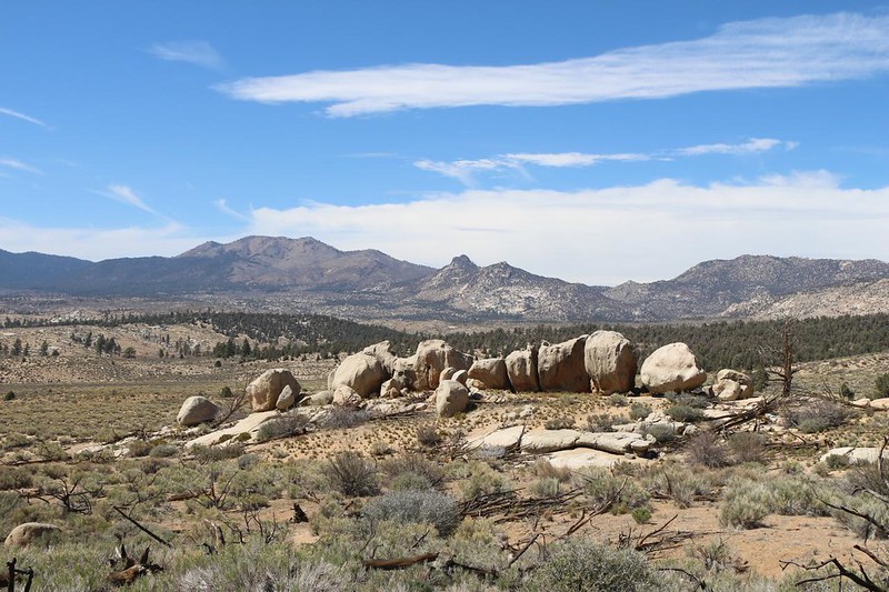 Interesting granite boulders in Rockhouse Basin, with Bald Mountain left of center, from the Pacific Crest Trail