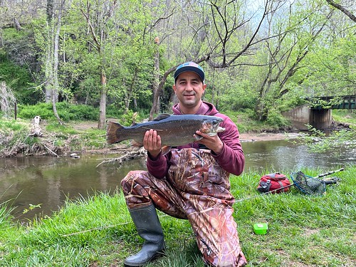Photo of a man holding a fish at streamside