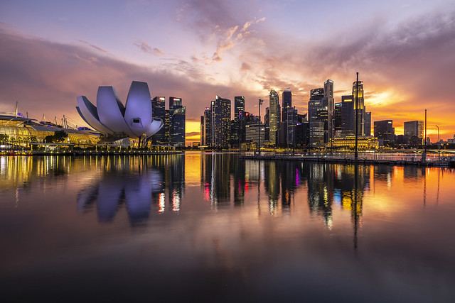 Colourful Dusk Reflections of Singapore Marina Bay Landmarks