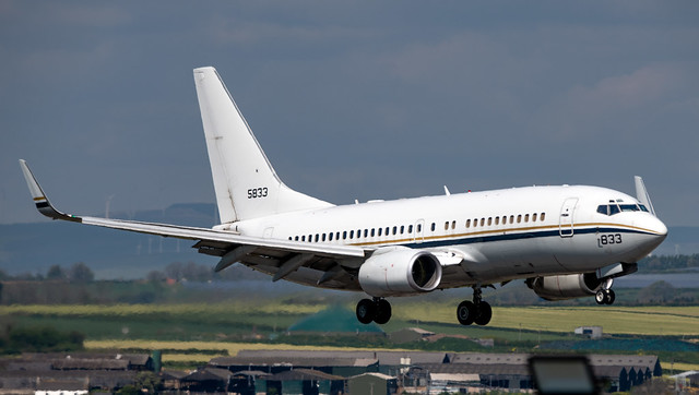 US Navy C-40A 165833 arriving at Cardiff Airport, South Wales, UK.