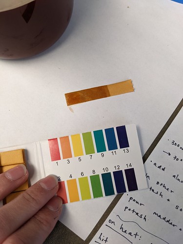Used pH strip lying next to pH color chart, strip color not discernable