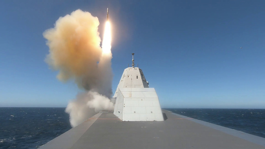 USS Zumwalt (DDG 1000) conducts a live-fire missile exercise.
