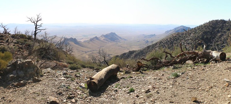 I took a boot-off break sitting on the log with a stunning view southeast over Indian Wells Canyon on the PCT