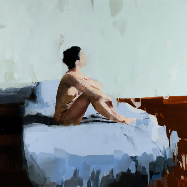 Nude on blue bed - oil on linen - 50x50cm