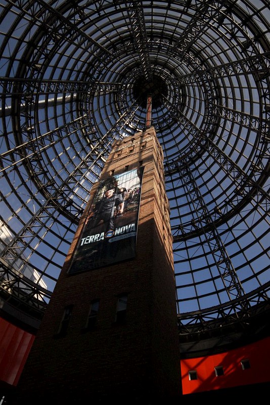 Looking up at Coop’s Shot Tower beneath the Melbourne Central shopping centre cone