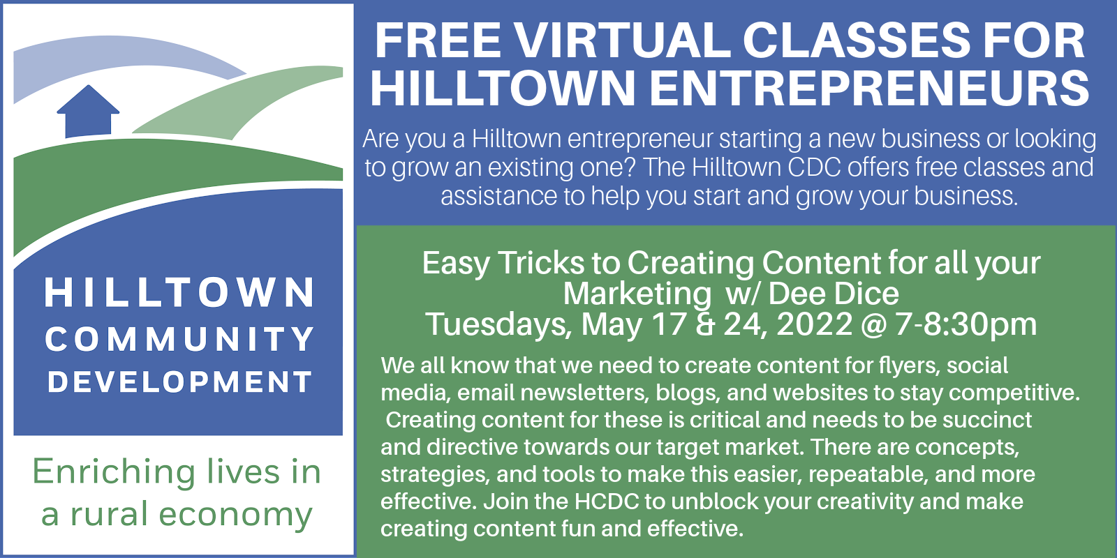 The Hilltown Community Development Corporation (Hilltown CDC) offers free, confidential business assistance to Hilltown residents. 