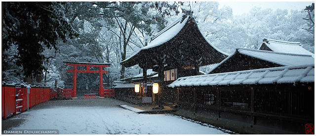 Snowy early morning in Kawai shrine, Kyoto, Japan
