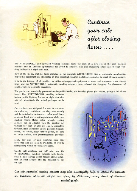 Werbefaltblatt für Automaten der Firma Wittenborg, illustrierte Seite