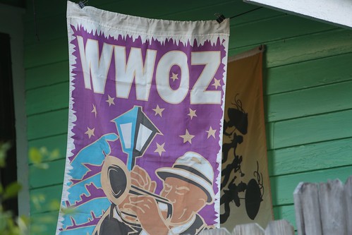 WWOZ flag outside the Fairgrounds at Jazz Fest - April 29, 2022. Photo by Michele Goldfarb.