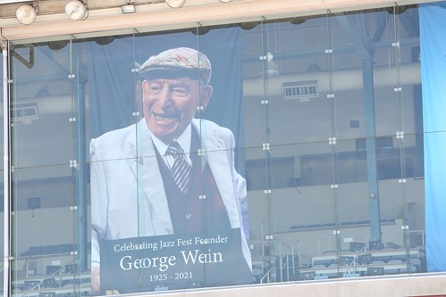 George Wein canopy in the windows of the Grandstand at Jazz Fest - April 29, 2022. Photo by Michele Goldfarb.