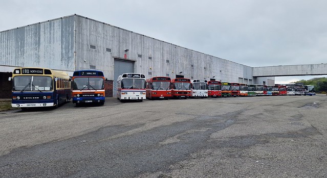 At the former factory sits 17 Leyland National & Leyland Olympian & Leyland Tiger
