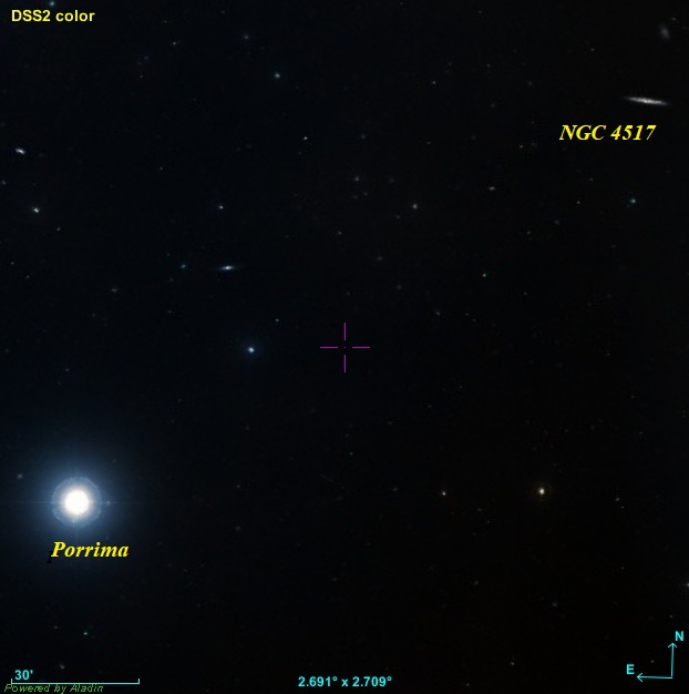 VCSE - A Porrima és az NGC 4517 az égen. Irányok és képméret a képen be vannak jelölve. - Forrás: Aladin