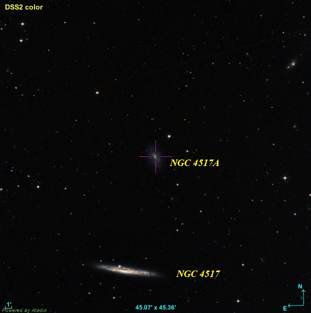 VCSE - Az NGC 4517 és az NGC 4517A az égen. Irányok és képméret a képen meg van jelölve. - Forrás: Aladin