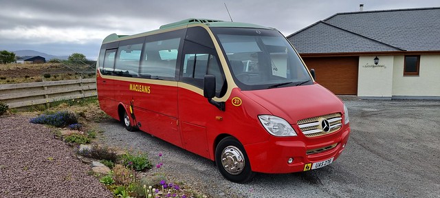 UAS278 PO62CCE  McLeans of Auchtertyre Mercedes Unvi . Pictured on the Isle of Skye in a adapted version of the famous Macbraynes colours . Fleet number 21 represents the age of the operating company.