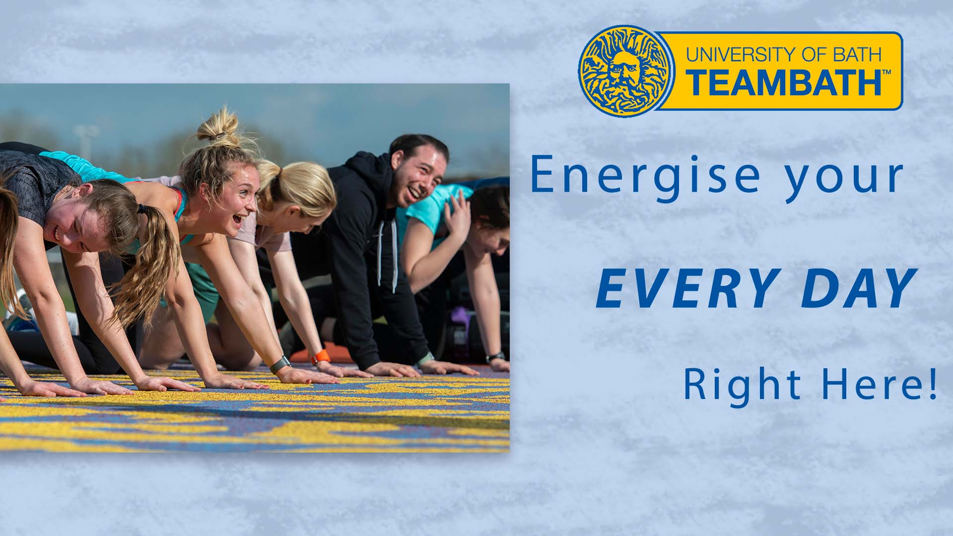 Team Bath logo, people working out and the text: Energise your every day at the Sports Training Village