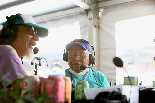 Ol' Man River (Bob Rodrigue) and Charles Burchell (Charlie B) on the air at Jazz Fest 2022. Photo by Michele Goldfarb.