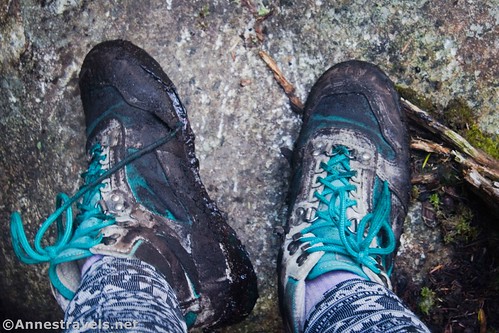 My very muddy hiking boots.  I'd find out later that I had split the right one across the bottom of the sole.  Santanoni Peak, High Peaks Wilderness, Adirondack Park, New York