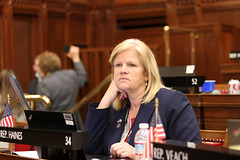 Rep. Haines watches the vote tally board during session.