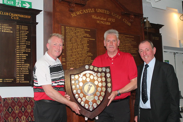 Darren Thompson and Paul Brennan Arcot Hall Golf Club recievng the Thompson Shield From Marcus Chisholm Chairman Newcastle & District Golf League