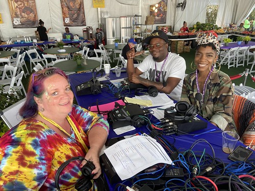 AD Leslie Cooper, Derrick Freeman, and Cole Williams on the air at Jazz Fest on May 6, 2022. Photo by Carrie Booher.