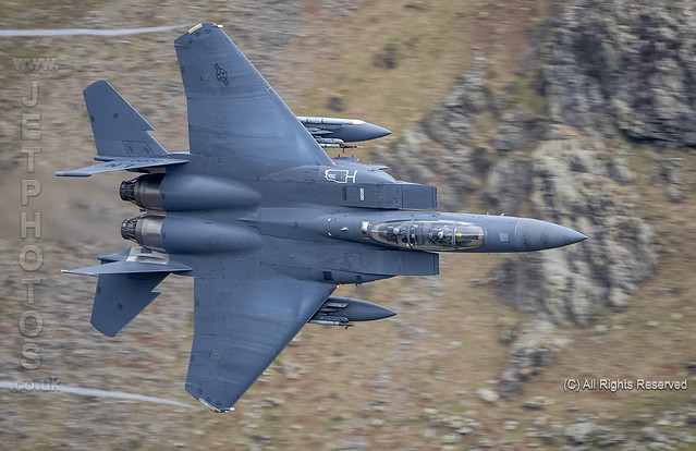 USAF F-15E Strike Eagle from RAF Lakenheath 48th F/W, 494th Fighter Squadron, powering through a low level flying sortie in the Lake District
