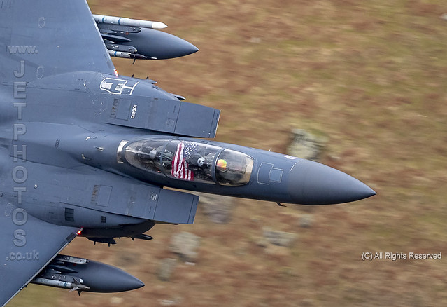 USAF F-15E Strike Eagle from RAF Lakenheath 48th F/W, 494th Fighter Squadron, powering through a low level flying sortie in the Lake District