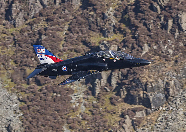 Royal Navy Hawks of 736 Squadron from RNAS Culdrose, on their final UK tour flight, seen here low level in the Lake District through Honister Pass