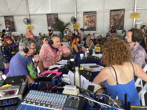 KMNO Mana'o on the air with Andrew Grafe and Jennifer Brady, AD Michael Longfield at Jazz Fest on May 5, 2022. Photo by Carrie Booher.