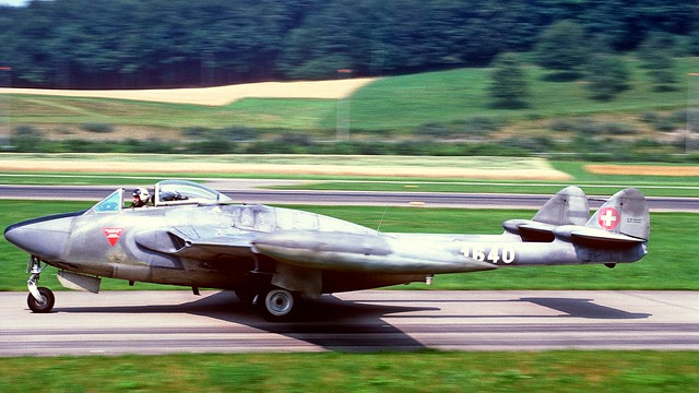 Swiss AF Venom FB.50 J-1640 taxies at Dubendorf back in 1982. This one survived to be preserved at Wildegg, Switzerland.