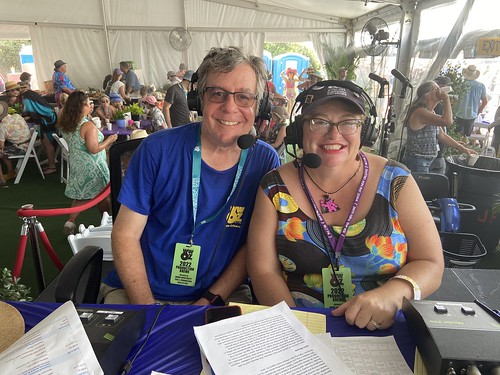 Michael Longfield and Elizabeth Meneray on air in the WWOZ Hospitality Tent at Jazz Fest - May 7, 2022. Photo by Carrie Booher.