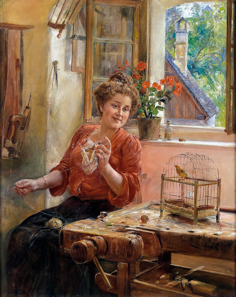 Ernst Nowak «Lady knitting at the window»