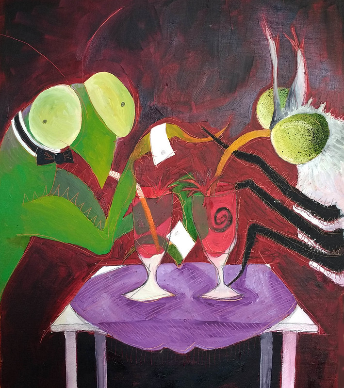 Praying Mantis character sharing a fly cocktail illustration by Gillian Hebblewhite 2022