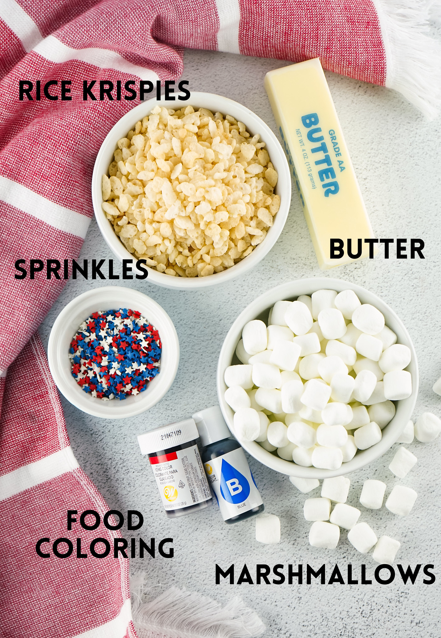 Ingredients for 4th of July Rice Krispies Treats