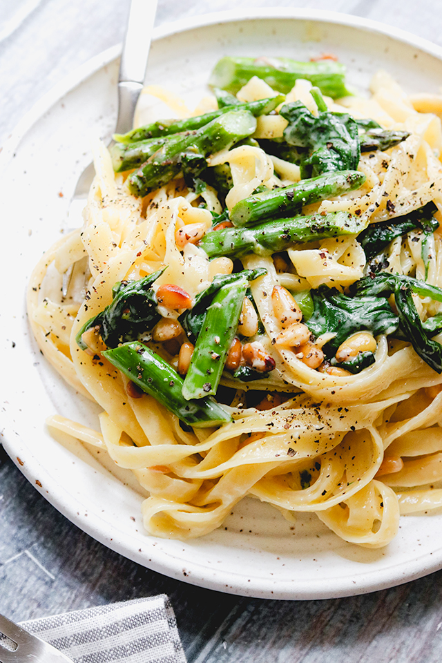 Fettuccine with Asparagus and Brown Buttered Pine Nuts
