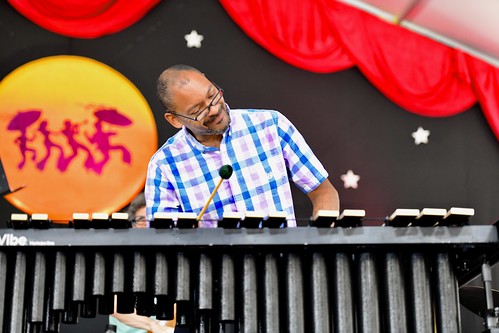 Jason Marsalis with Stanton Moore in the Jazz Tent. Photo by Michael White.