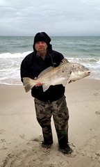 Photo of man on a beach holding a large fish,