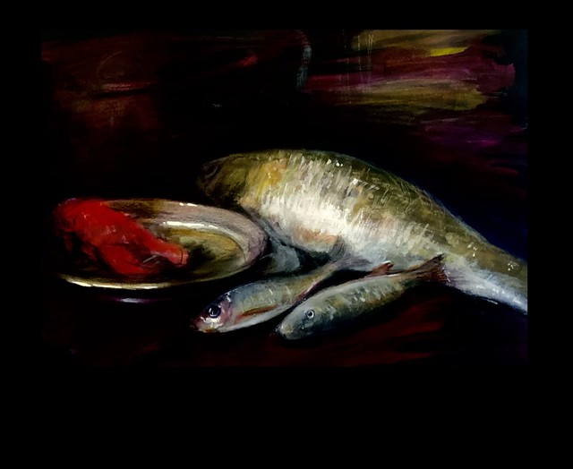 Still Life Impression of Fish, painted In Gouache on black card. Brush and finger swipe work.