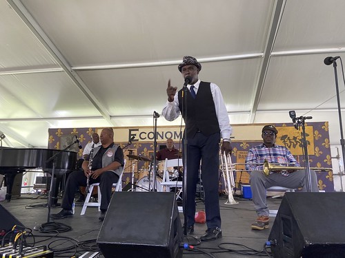 Gregg Stafford with Joe Lastie's New Orleans Sound at Jazz Fest 2022. Photo by Carrie Booher.