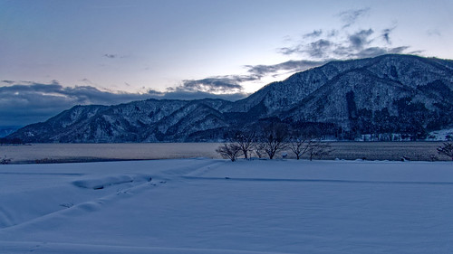 japan nagano oomachi 長野県 大町市 snow lake sunset paddy landscape hos