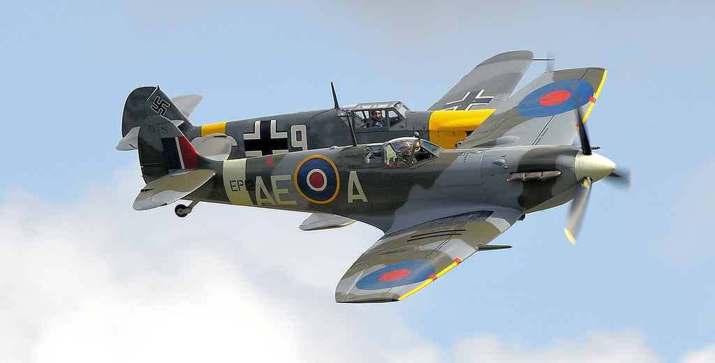 RAF Supermarine Spitfire LF MkVb Spitfire EP120 G-LFVB AE-A 402 Squadron City of Winnipeg RCAF &  Hispano HA-1112 M4L Buchon White 9 G-AWHH Painted in the colours of the German Air Force