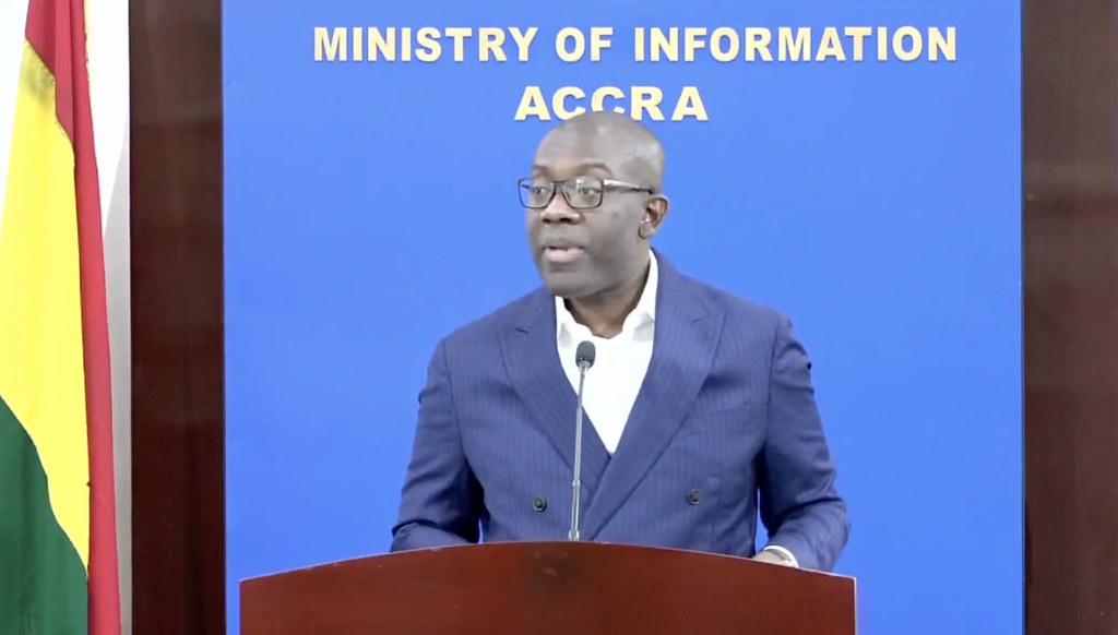 Hon. Kojo Oppong Nkrumah addresses during the press briefing: Annual meetings