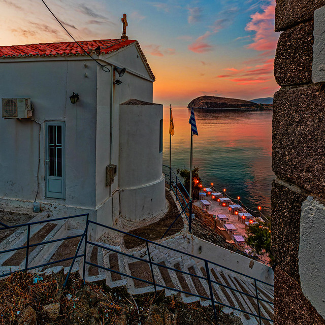 Sunset Colours - Church of Agia Parashevi  (Myrina Town - Lemnos)  Greece ( Fuji Superia Reala 100) (Olympus  OM-D EM1.3 & M.Zuiko 8-25mm F4 Pro Zoom)