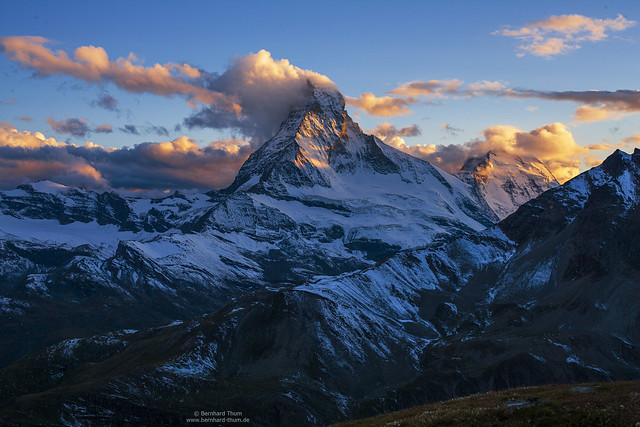 Sunset light at Matterhorn and Dent d' Herens