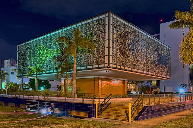 The Bacardi Jewel Box Annex Building, 2100 Biscayne Boulevard, Miami, Florida, USA / Built: 1974 / Architect: Ignacio Cabrera-Justiz / Floors: 2 / Height: 22.92 ft / Architectural Style: Miami Modern  (MiMo)