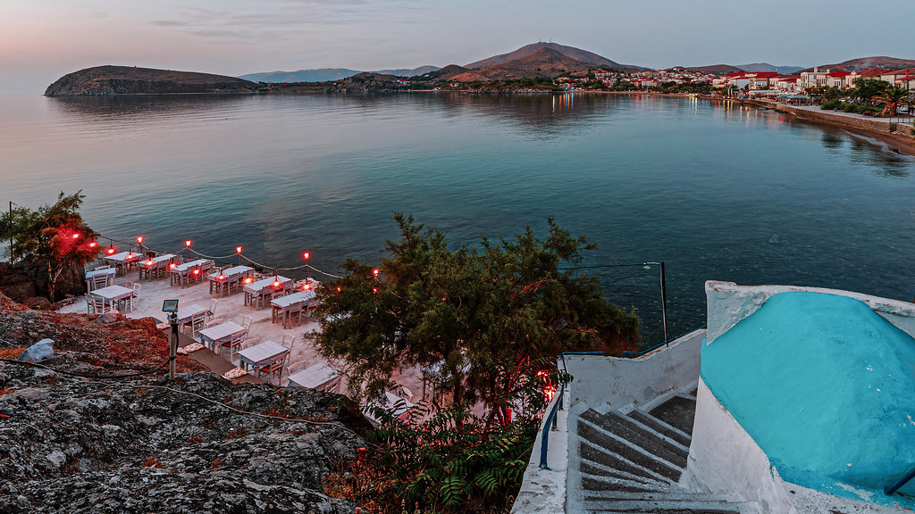 View Along Romeikos Gialos Seafront at Sunset (Myrina Town - Lemnos) (Kodak E-100 GX Etachrome 100) Greece (Olympus  OM-D EM1.3 & M.Zuiko 8-25mm F4 Pro Zoom)