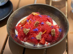 Panna cotta w/strawberry granita, strawberries and angel food cake croutons