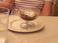Chocolate dessert and cream, Lunch in Los Tilos, Plaza de Arias Gonzalo, Zamora, Castille and Leon, Spain